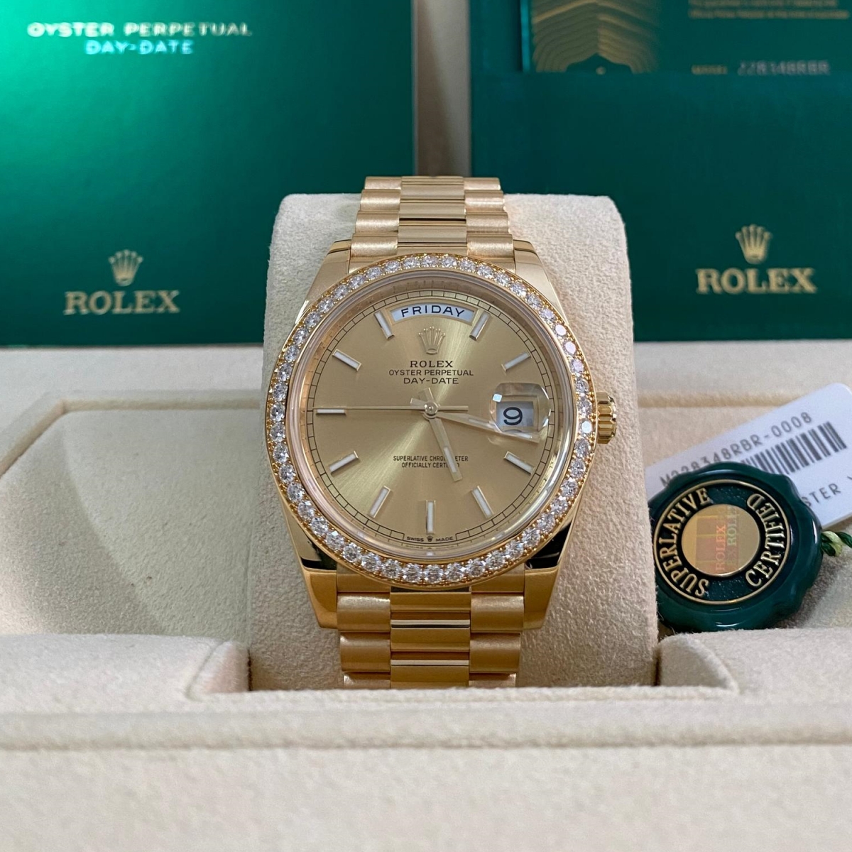 Rolex Day-Date 40mm Champaign Dial and Diamond Bezel Yellow Gold President Bracelet 228348RBR-0008