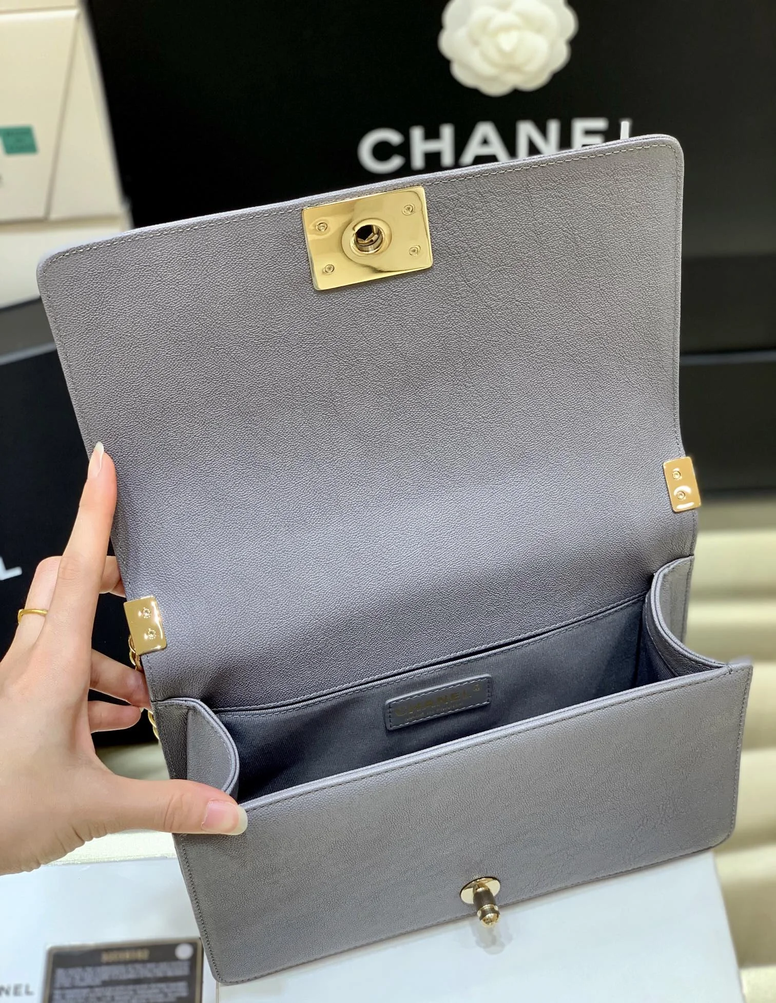 Chanel Boy Handbag Dark Grey Gold Toned Hardware For Women 9.8in/25cm