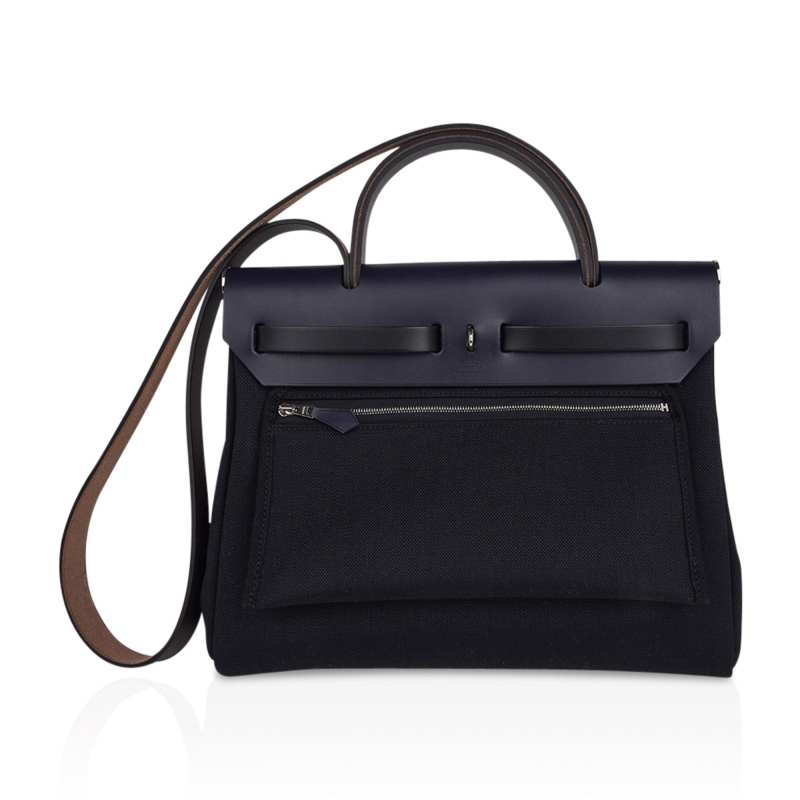 Herbag Zip 31 Bag Retourne Black Toile & Blue Indigo Vache Hunter Leather with Palladium Hardware