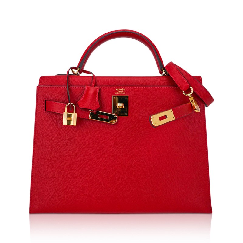 Kelly 28 Sellier Bag Rouge Casaque Epsom Leather with Gold Hardware