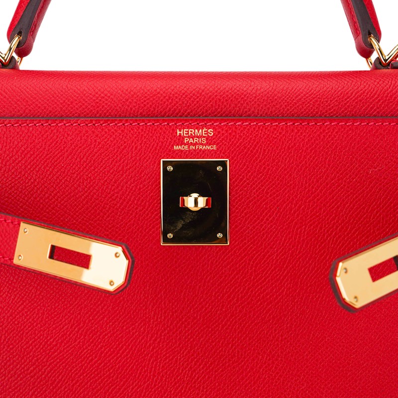 Kelly 28 Sellier Bag Rouge Casaque Epsom Leather with Gold Hardware