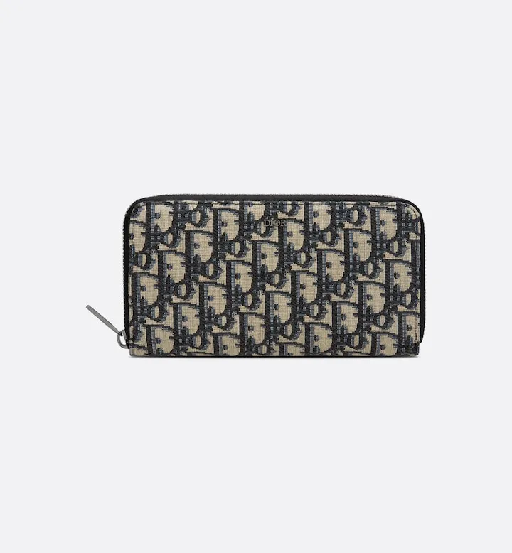 Zipped Long Wallet Beige and Black Oblique Jacquard