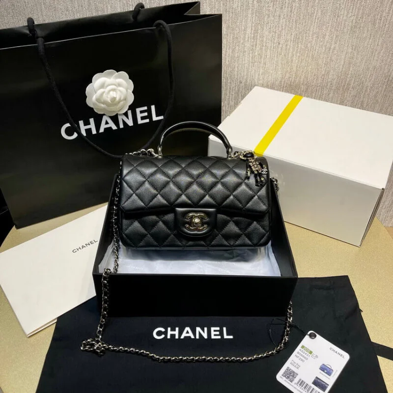 Chanel Lambskin Mini Flap Bag With Top Handle Black As2431 With Charms