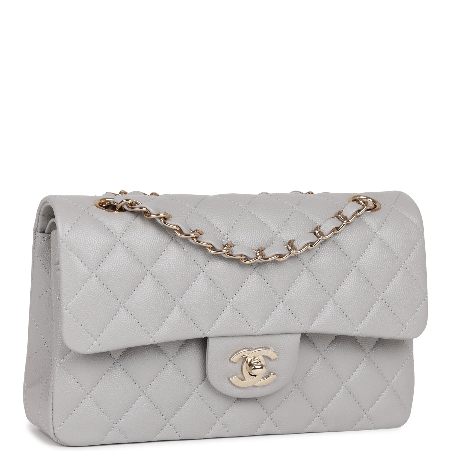 Small Classic Double Flap Grey Caviar Light Gold Hardware
