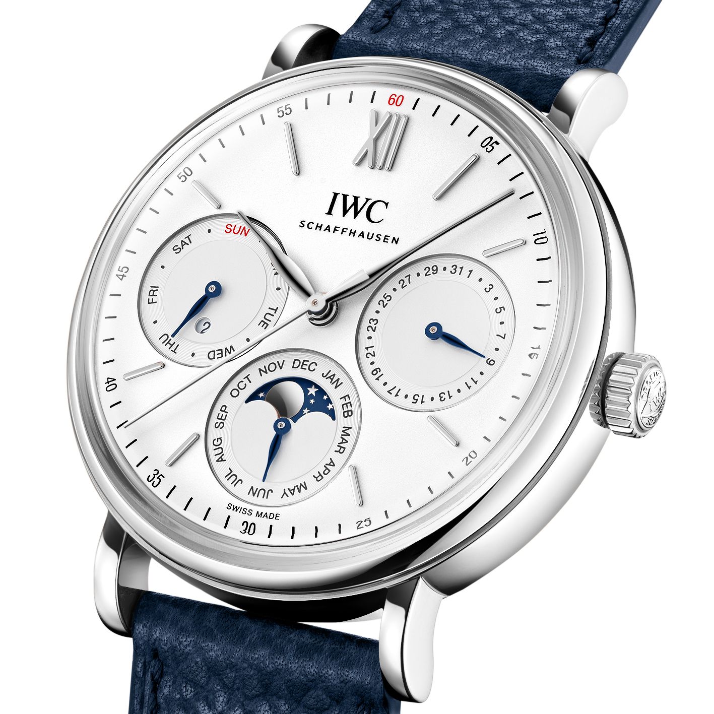 IWC Schaffhausen Portofino Perpetual Calendar 40 mm Silver Dial Stainless Steel Blue Strap IW344601