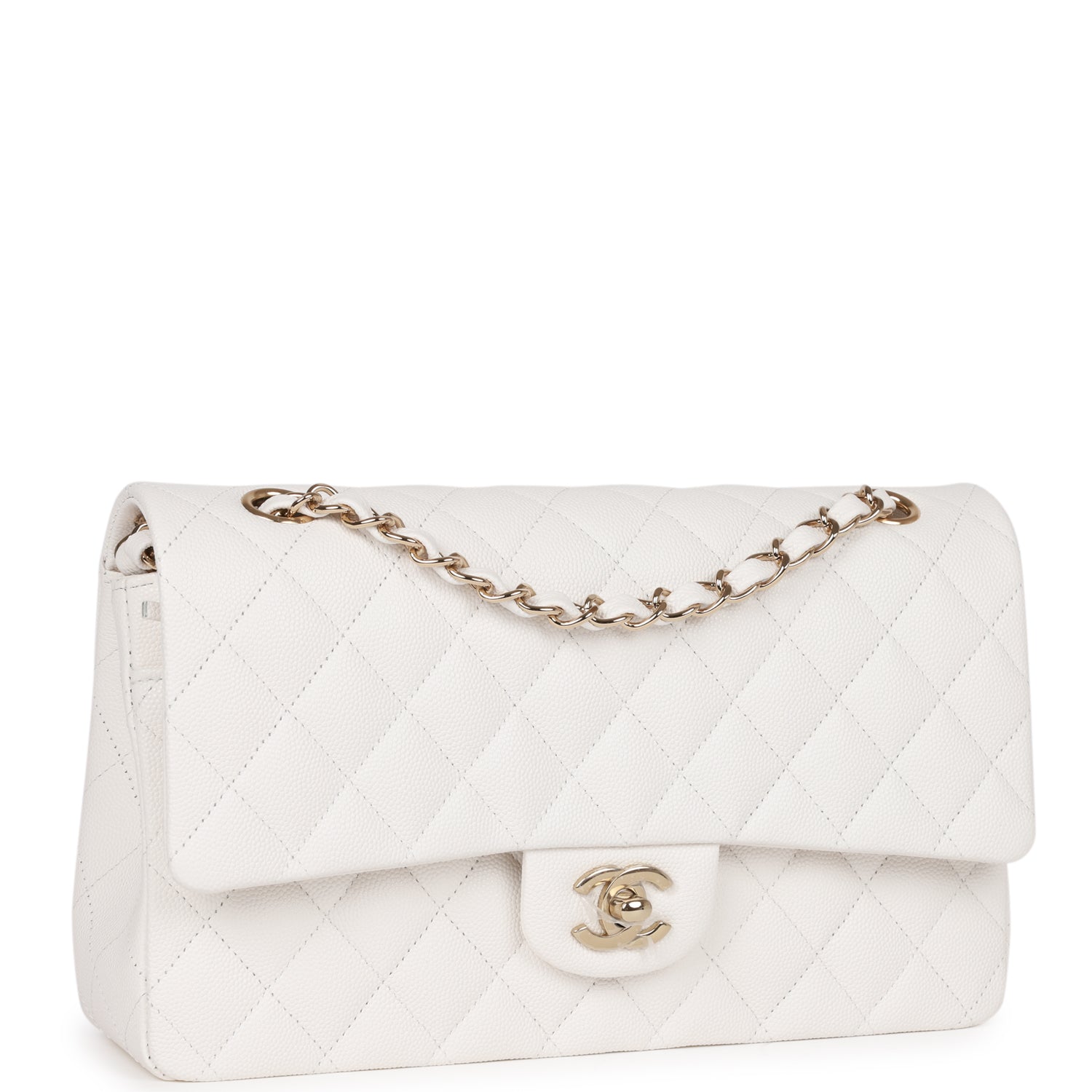 Medium Classic Double Flap Bag White Caviar Light Gold Hardware