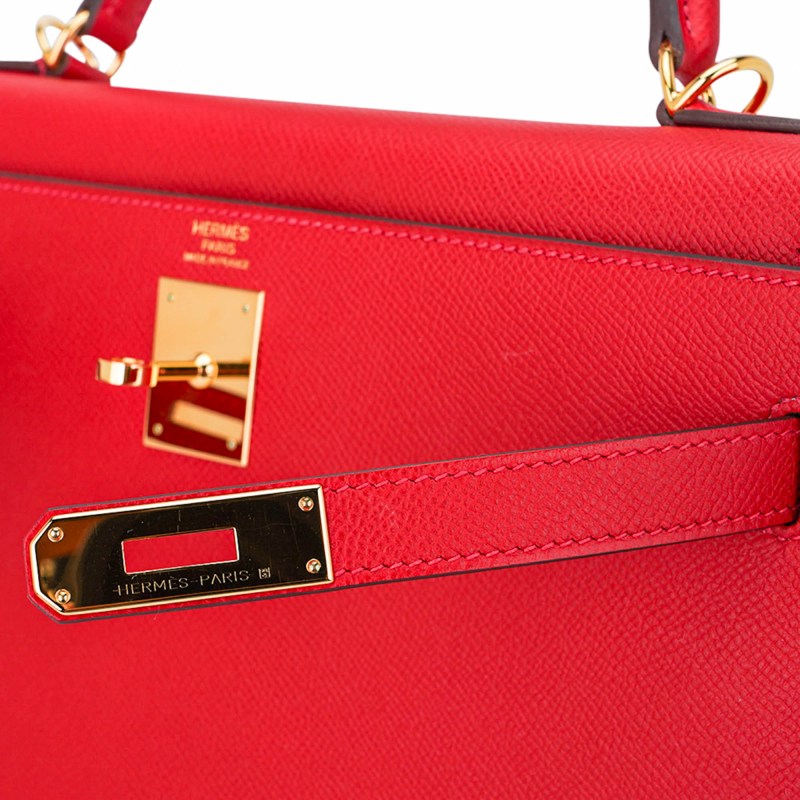 Kelly 28 Sellier Bag Rouge Casaque Epsom Leather with Gold Hardware
