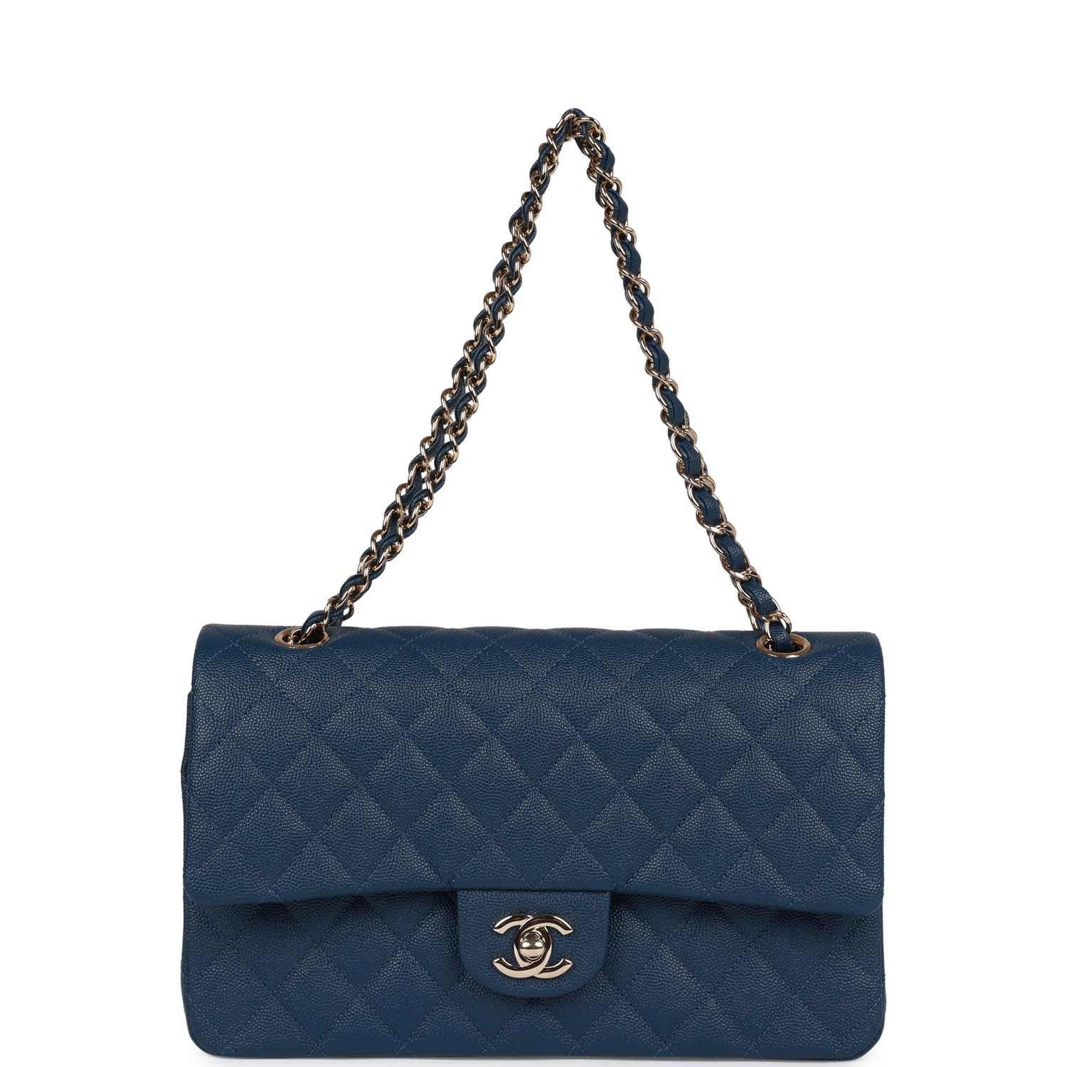 Medium Classic Double Flap Bag Blue Caviar Light Gold Hardware
