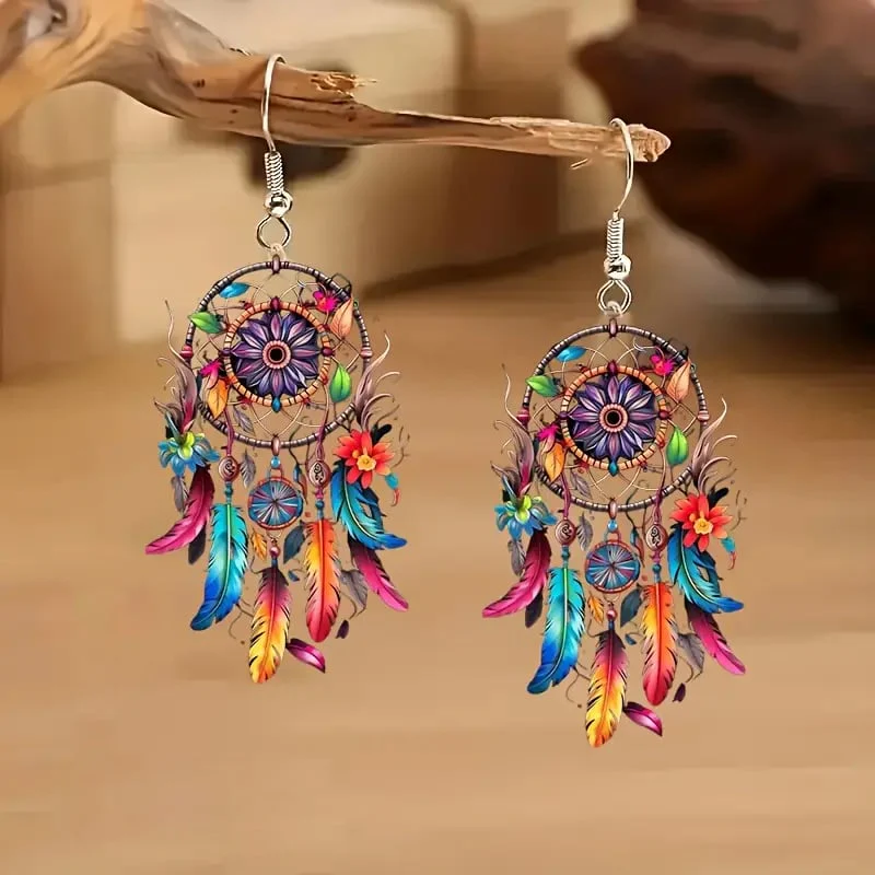 🌙 Boho Dreamcatcher Feather Earrings