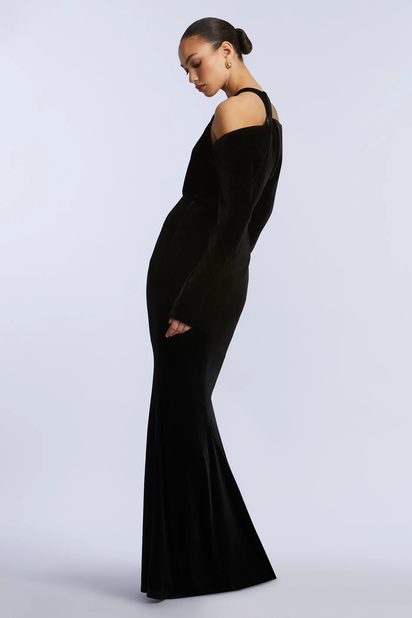 Long Sleeve Halter Velvet Gown