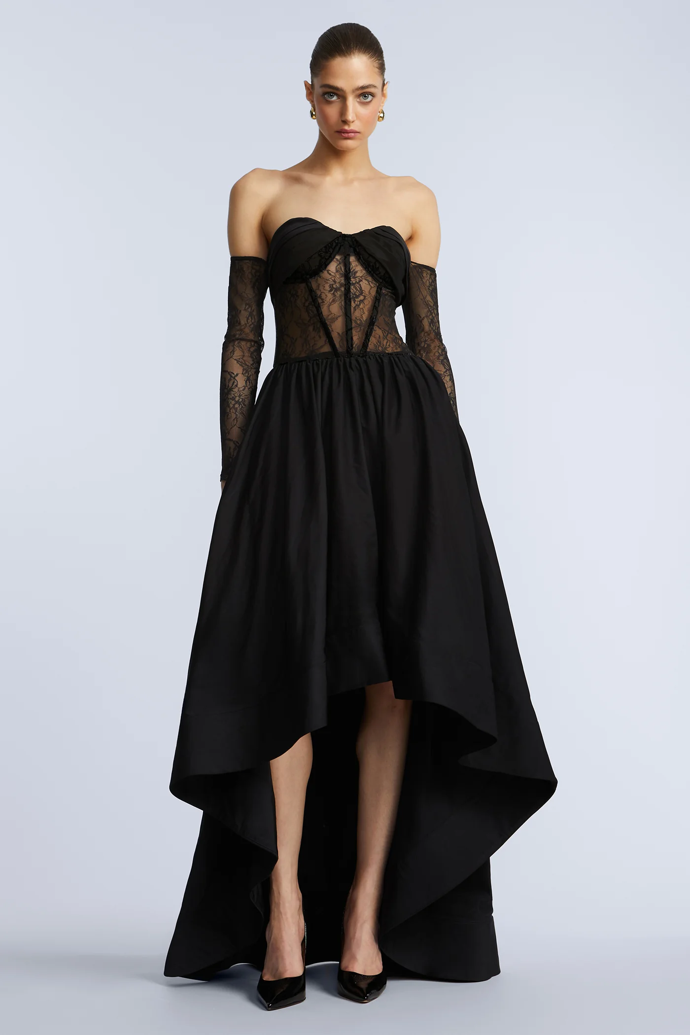 Lace Taffeta High-Low Gown