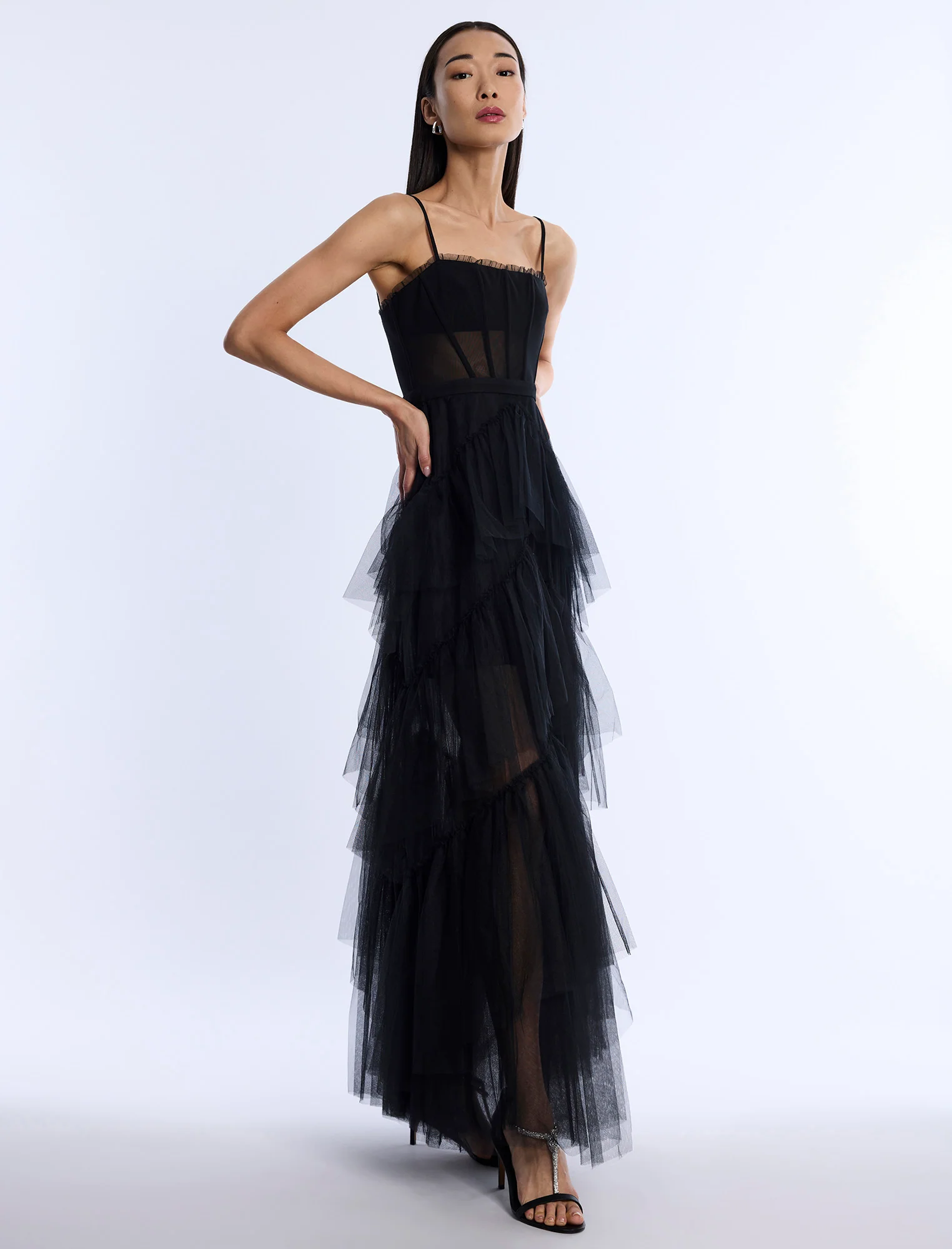 Oly Tiered Ruffle Tulle Evening Gown