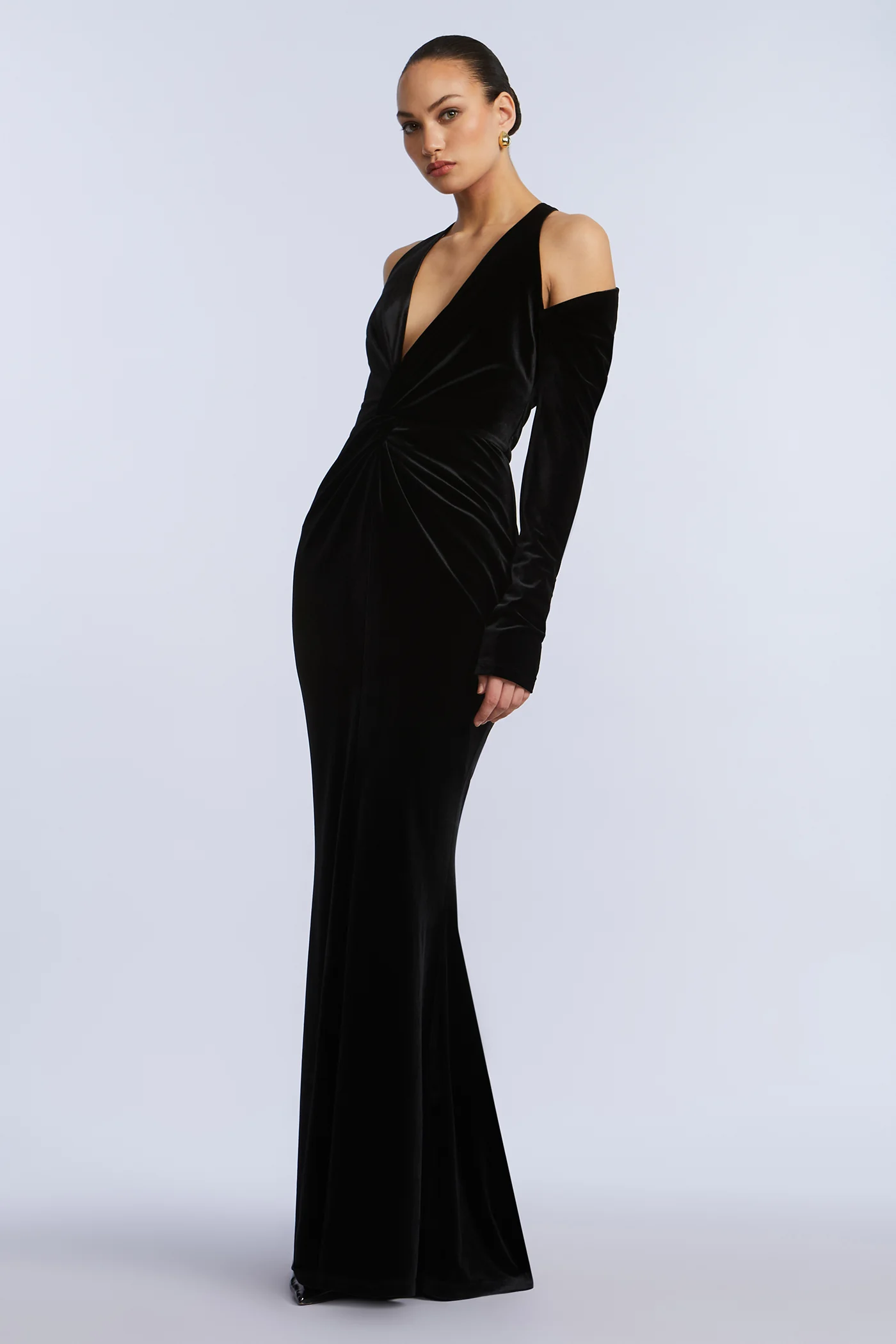 Long Sleeve Halter Velvet Gown