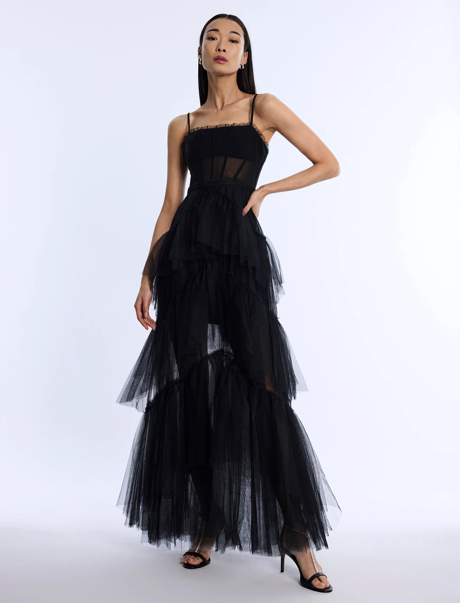 Oly Tiered Ruffle Tulle Evening Gown