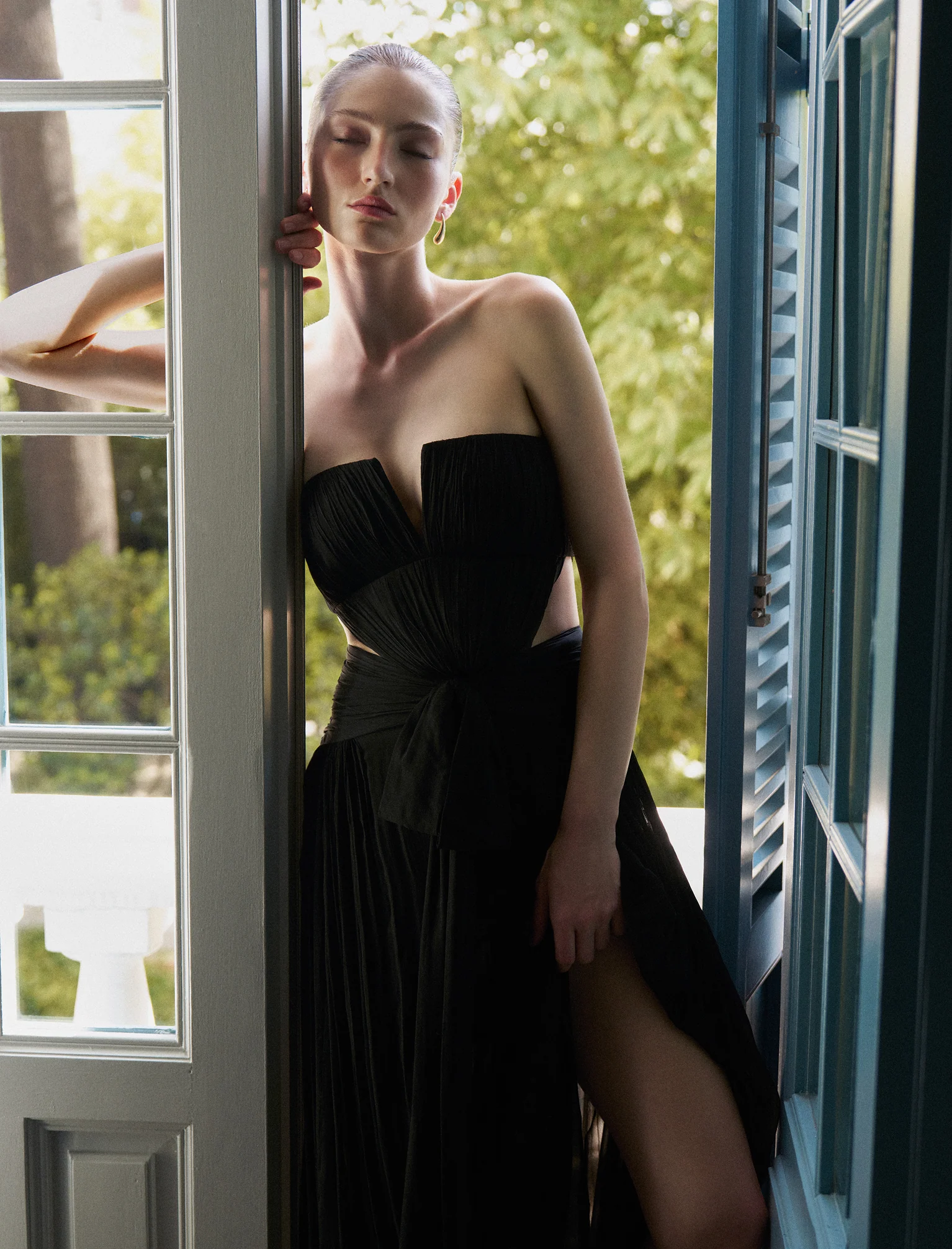 Cutout Shirring Bow Tie Gown