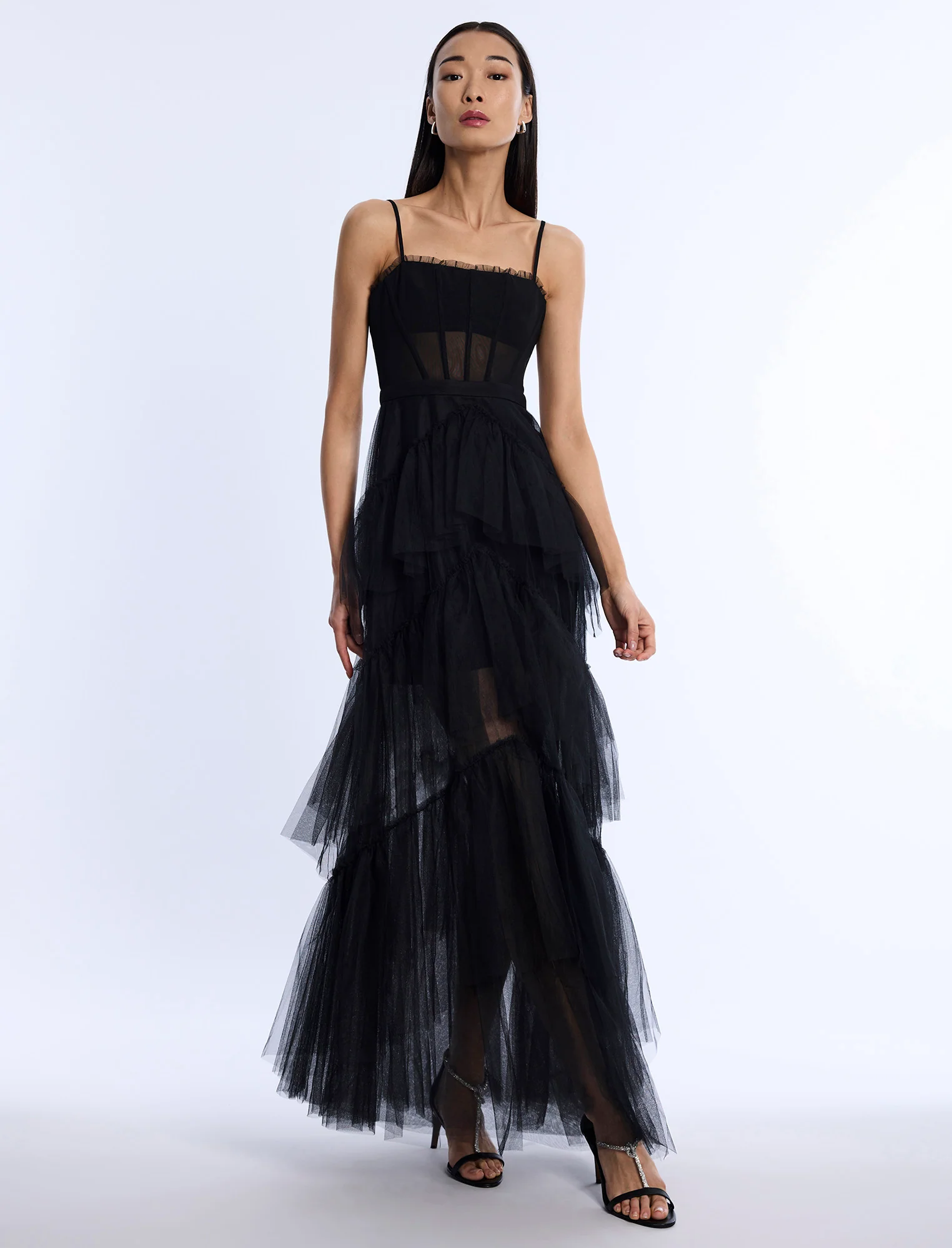 Oly Tiered Ruffle Tulle Evening Gown