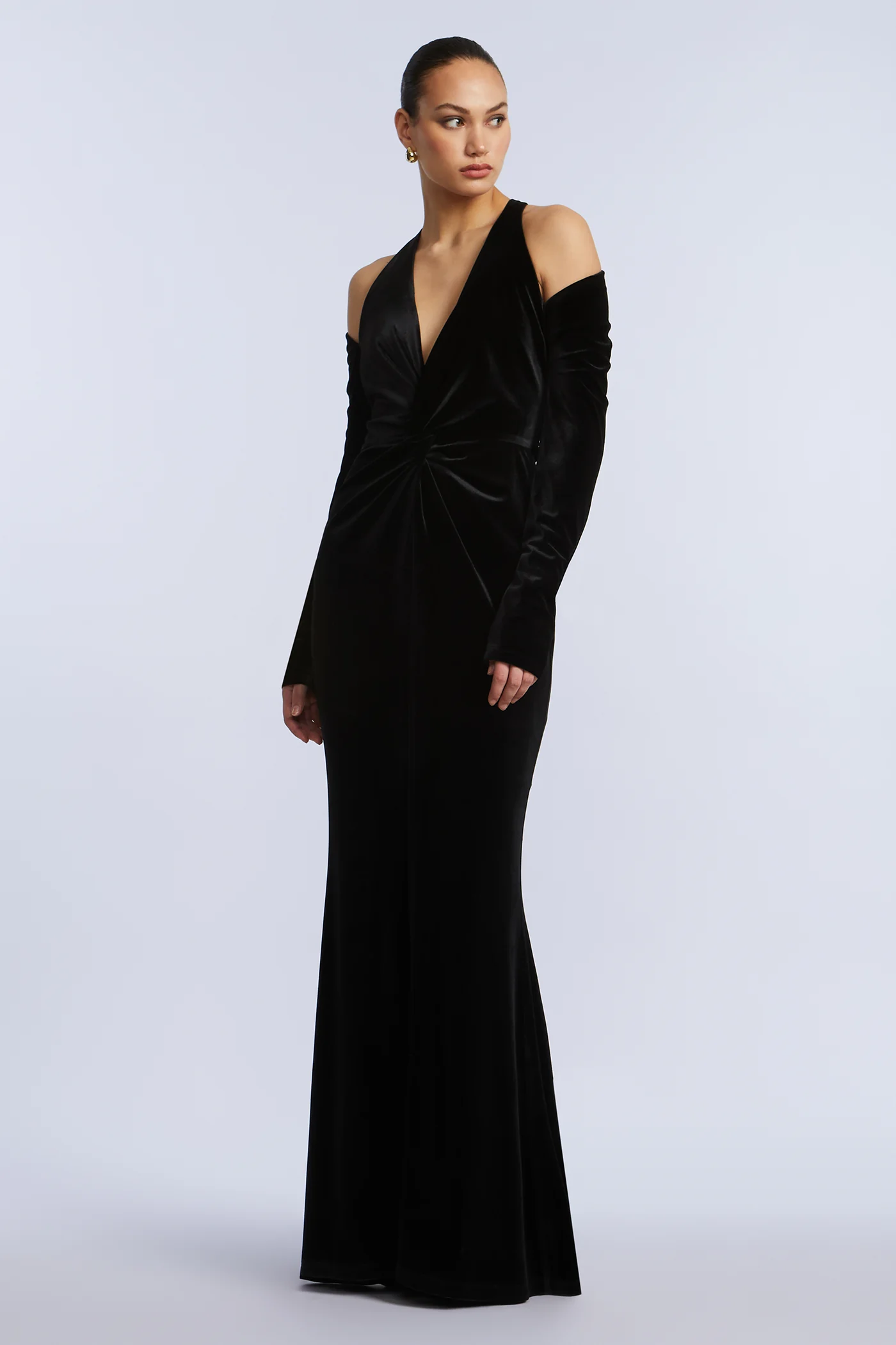 Long Sleeve Halter Velvet Gown
