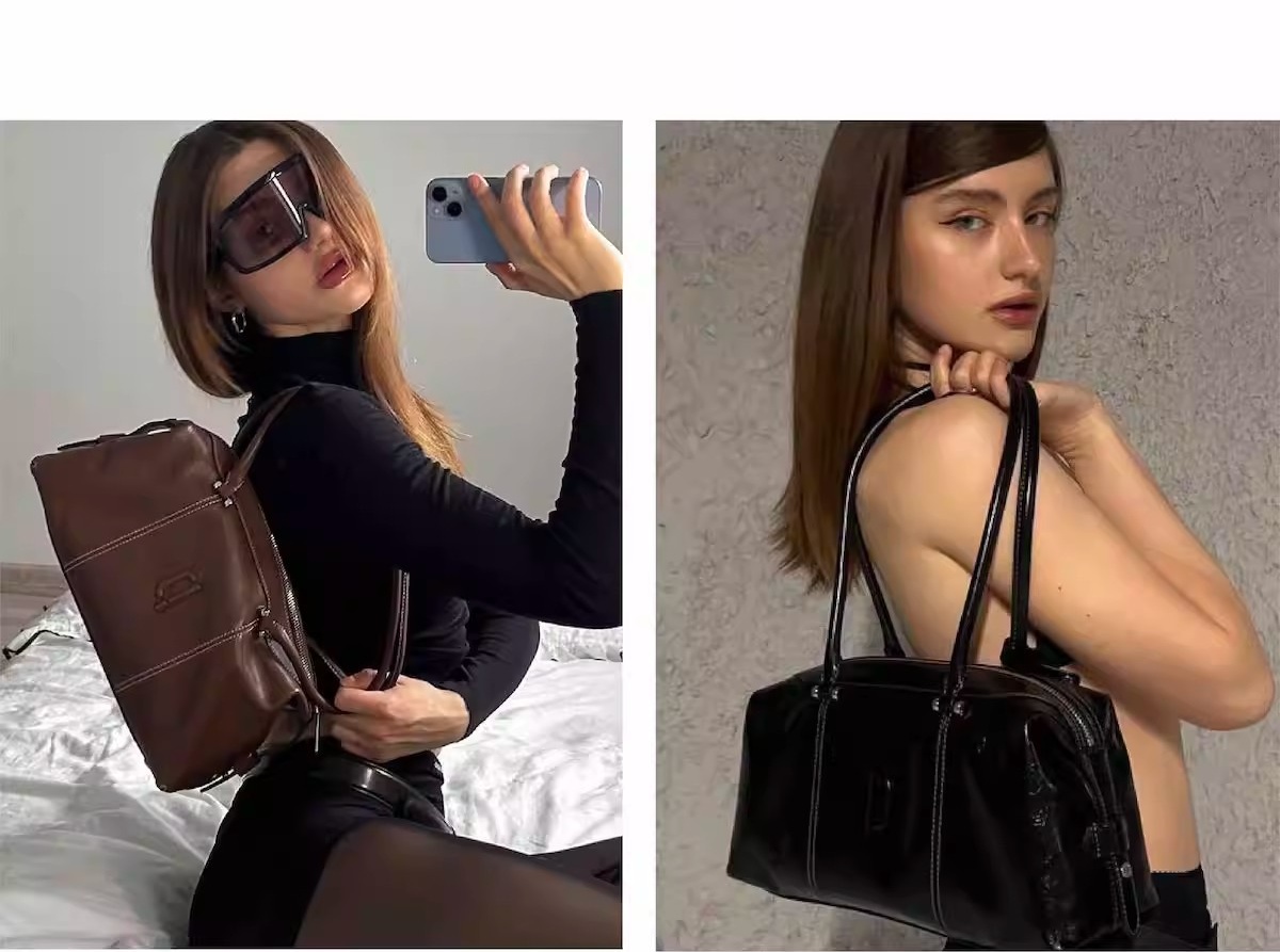 Clown bowling bag, tanned leather, oil wax, long handle, hand-held armpit bag, baguette, super popular Boston bag