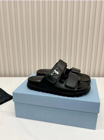 PRADA WOMEN’S STRAP SLIDES SANDALS IN BLACK CALFSKIN – PSD068
