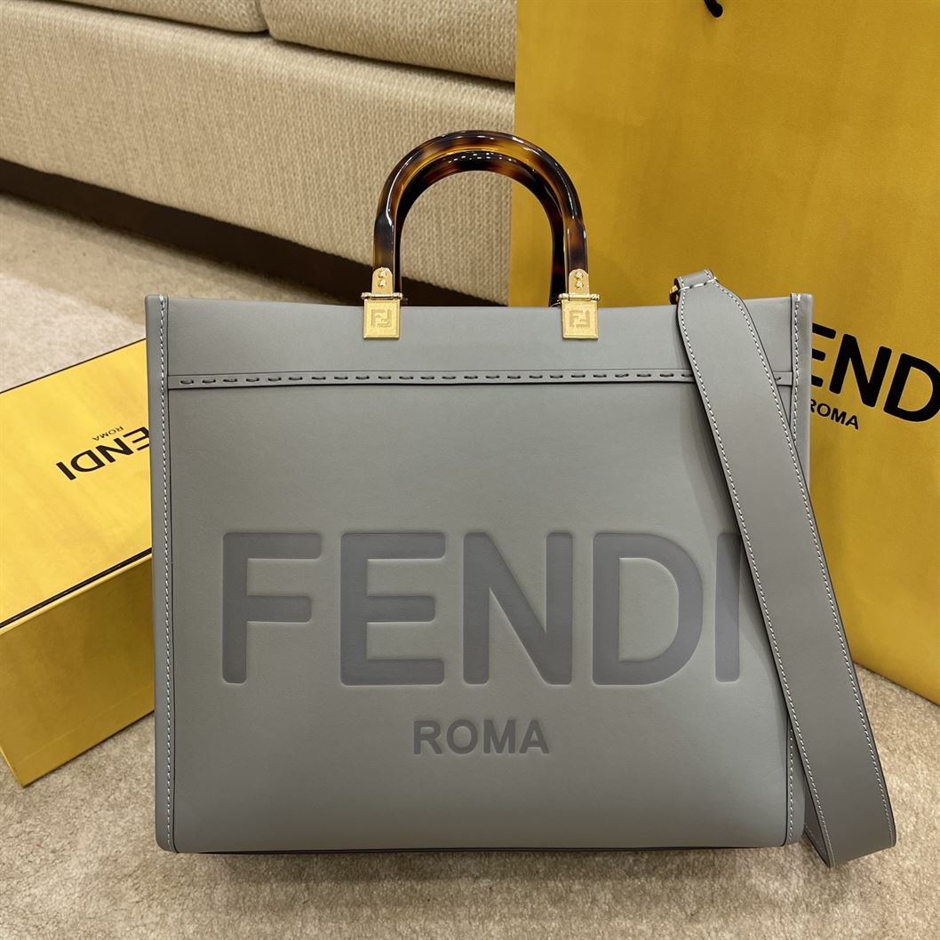 FENDI SUNSHINE MEDIUM GREY LEATHER SHOPPER BAG – F016