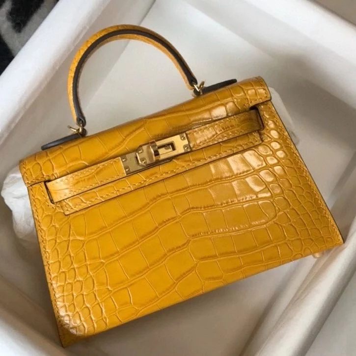 Hermes Kelly Mini II Bag In Yellow Embossed Crocodile Leather – HW128