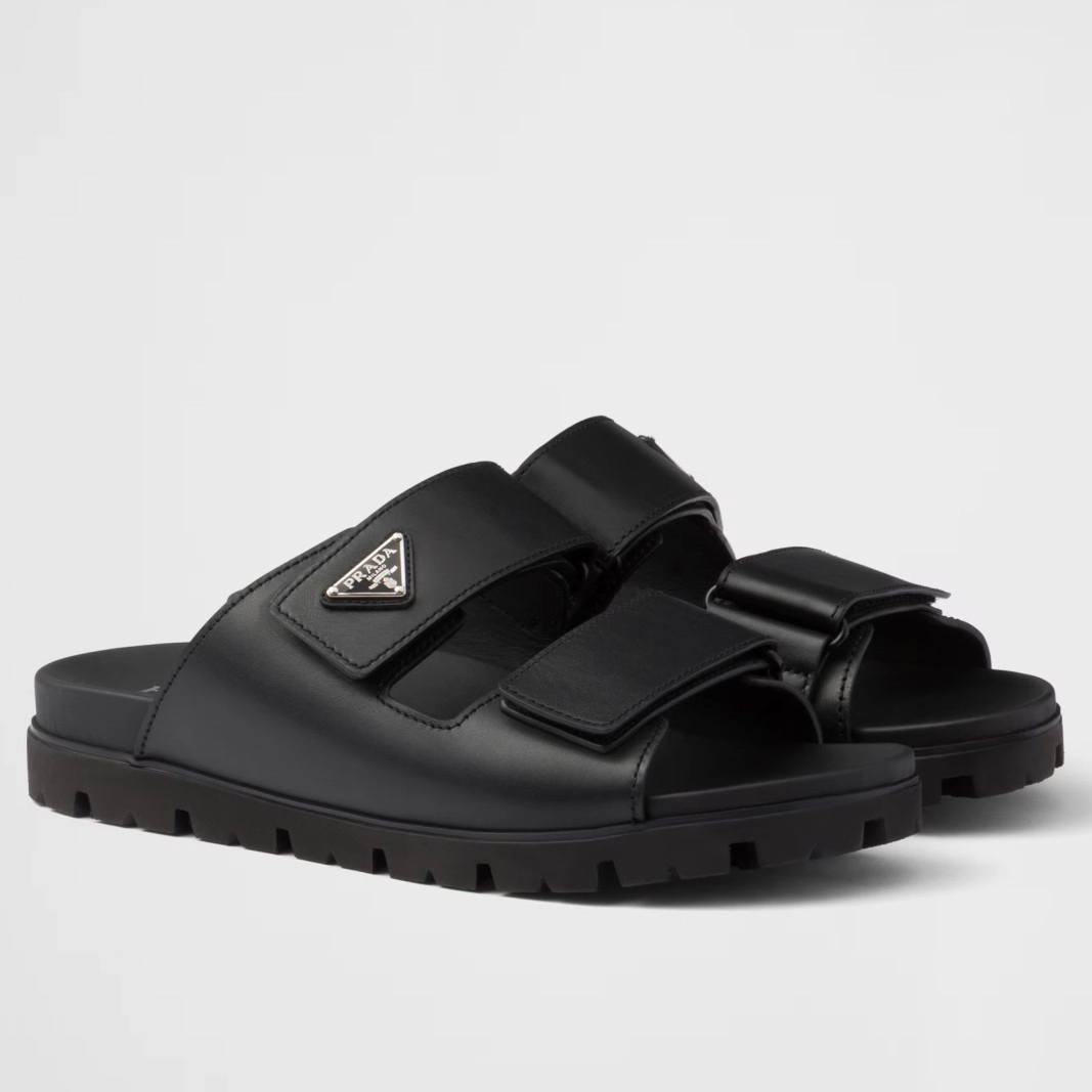 PRADA WOMEN’S STRAP SLIDES SANDALS IN BLACK CALFSKIN – PSD027