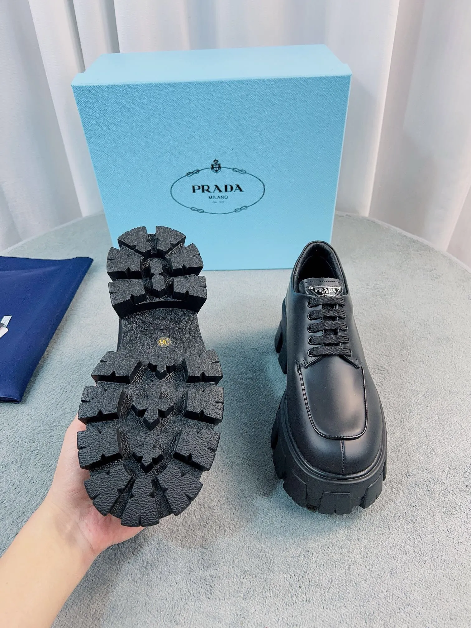 Prada Monolith Lace-up Shoes in Black Brushed Leather – PRL007