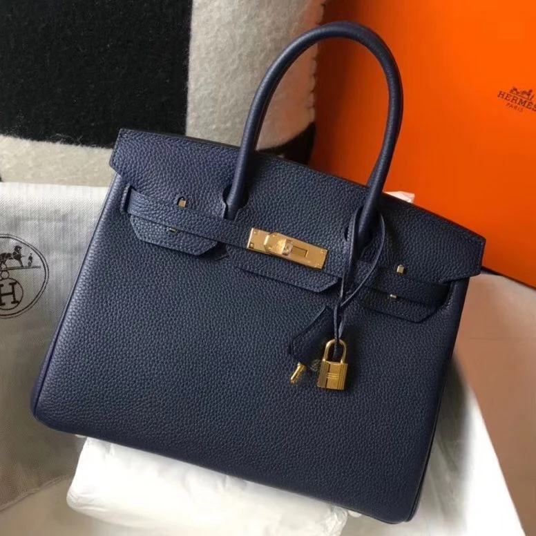 Hermes Birkin 30cm Bag In Dark Blue Clemence Leather GHW – HW035