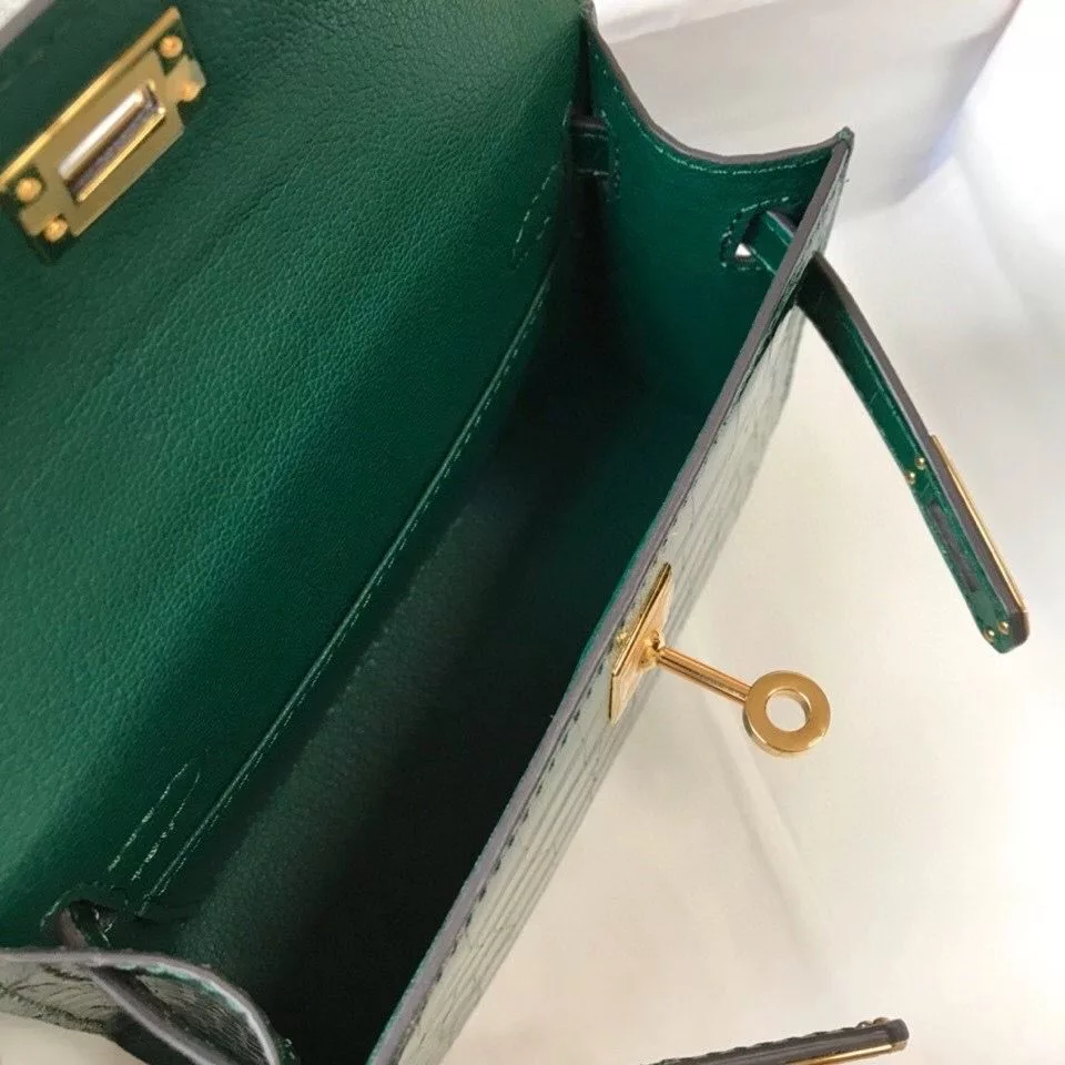 Hermes Kelly Mini II Bag In Green Embossed Crocodile Leather – HW130