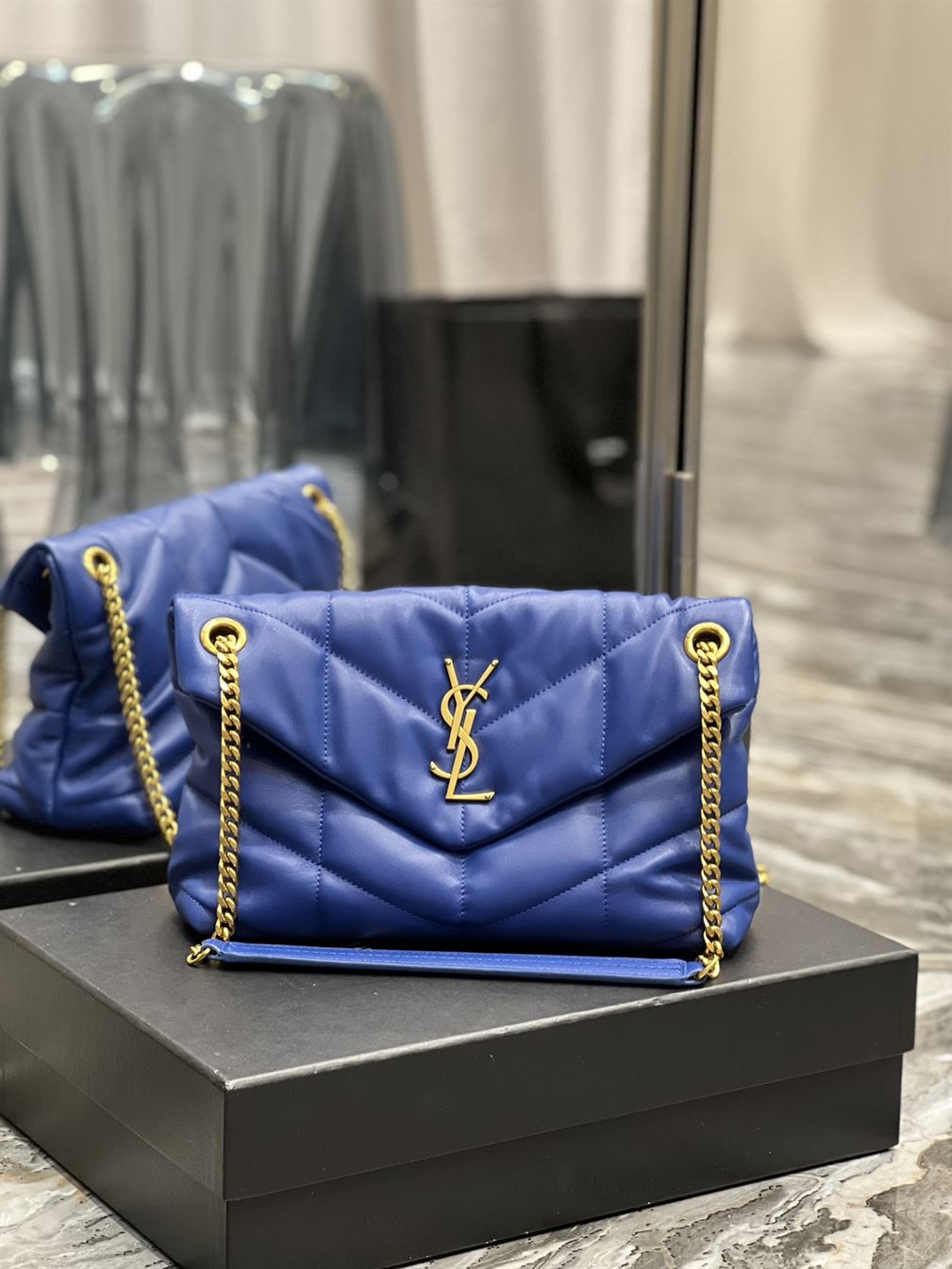 YSL SMALL PUFFER IN QUILTED NAPPA BLUE LEATHER – YB053