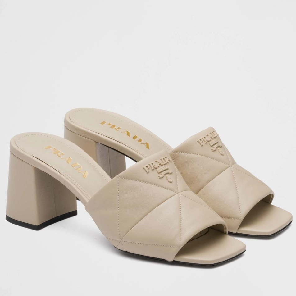 PRADA HEELED SLIDE SANDALS 65MM IN BEIGE NAPPA LEATHER – PSD037