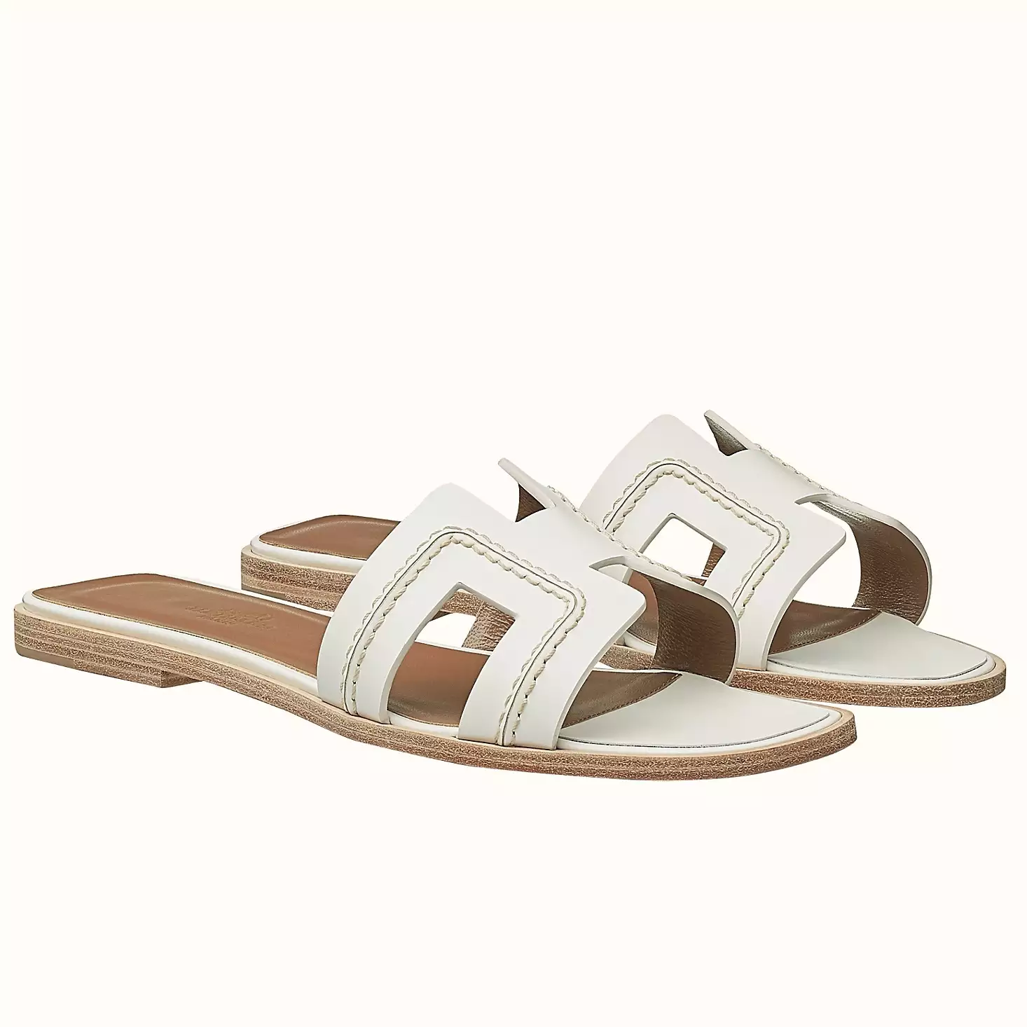 HERMES ORAN SLIDE SANDALS IN WHITE LEATHER WITH STITCHED – HMSD045