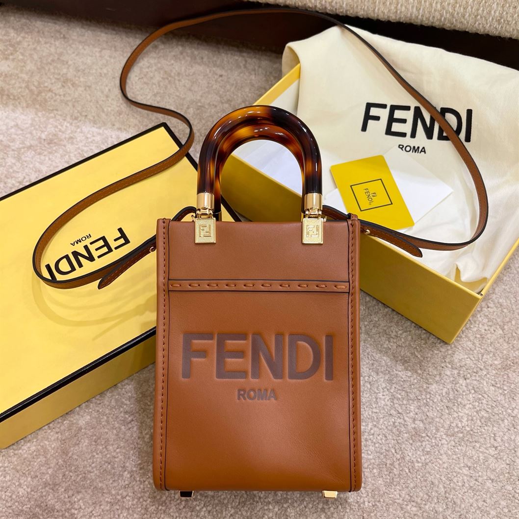 FENDI MINI SUNSHINE SHOPPER BROWN LEATHER MINI BAG – F010
