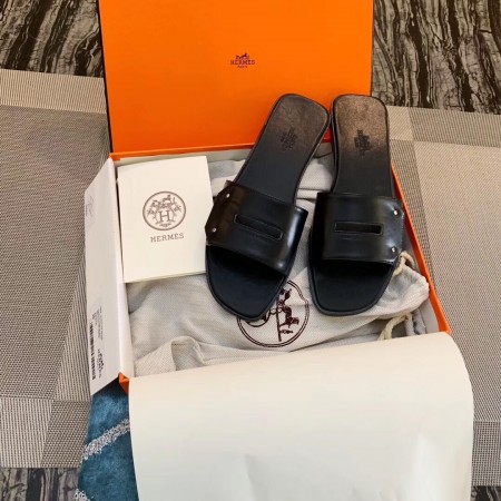 HERMES VIEW SLIDE SANDALS IN BLACK LEATHER – HMSD131