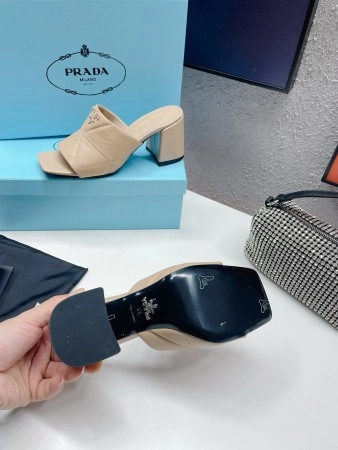 PRADA HEELED SLIDE SANDALS 65MM IN BEIGE NAPPA LEATHER – PSD037