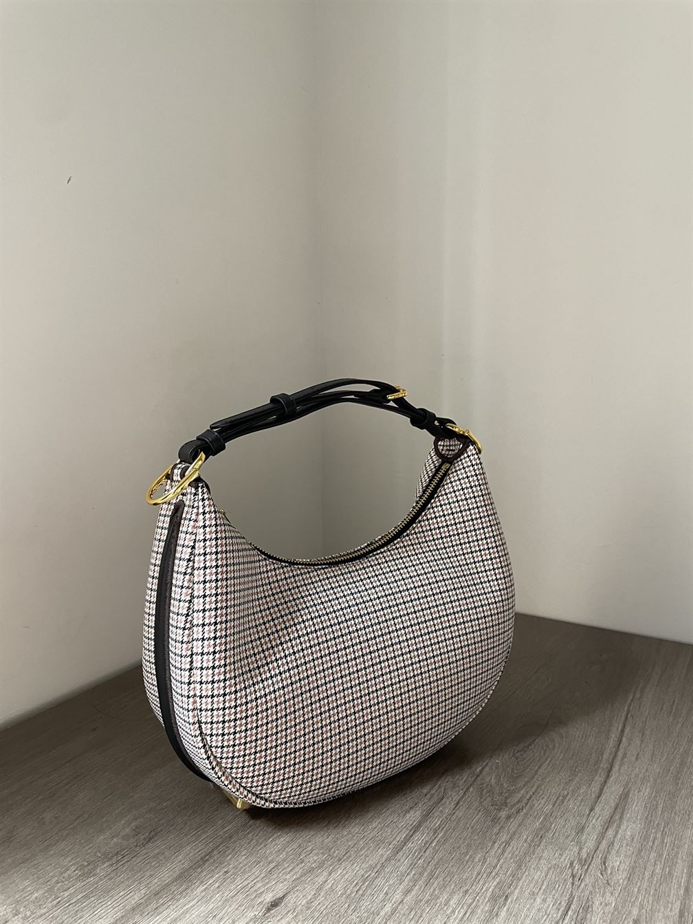 FENDIGRAPHY SMALL BROWN HOUNDSTOOTH WOOL BAG – F025