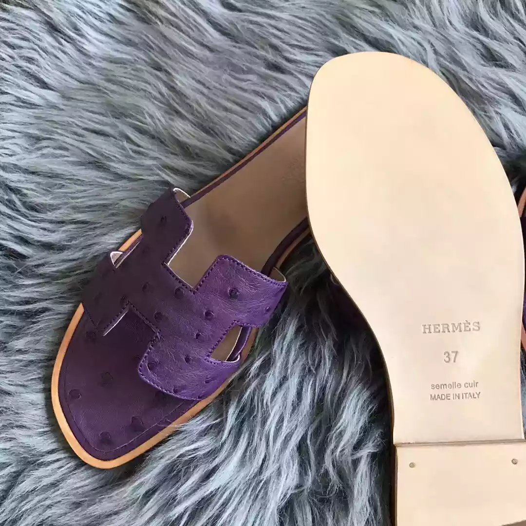 HERMES ORAN SLIDE SANDALS IN PURPLE OSTRICH LEATHER – HMSD079