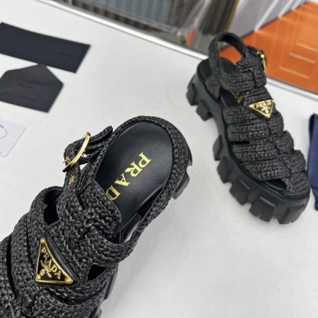 PRADA MONOLITH CROCHET CAGE SANDALS IN BLACK RAFFIA FABRIC – PSD009