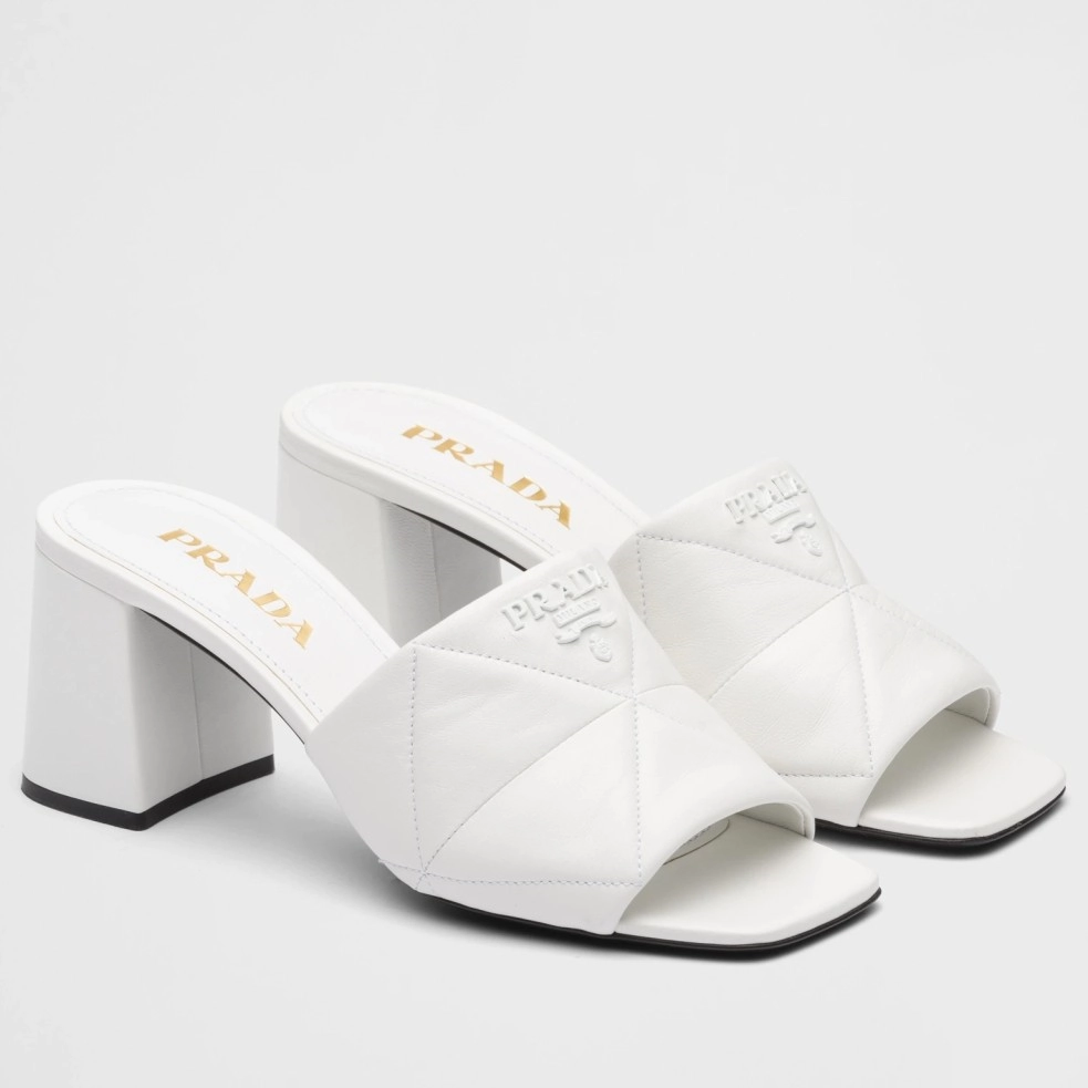 PRADA HEELED SLIDE SANDALS 65MM IN WHITE NAPPA LEATHER – PSD036