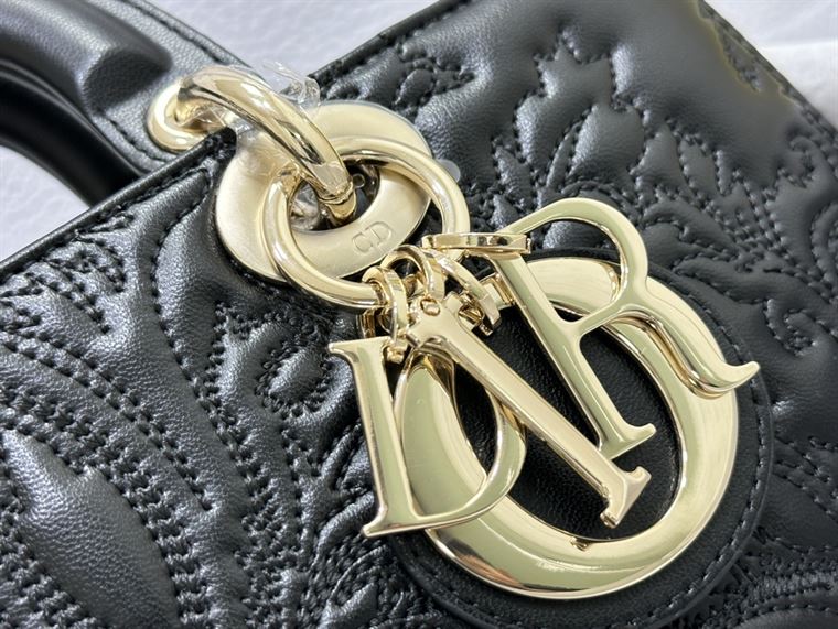 DIOR MEDIUM LADY D-JOY BAG BLACK QUILTED EFFECT LAMBSKIN WITH ORNAMENTAL MOTIF – DOB059