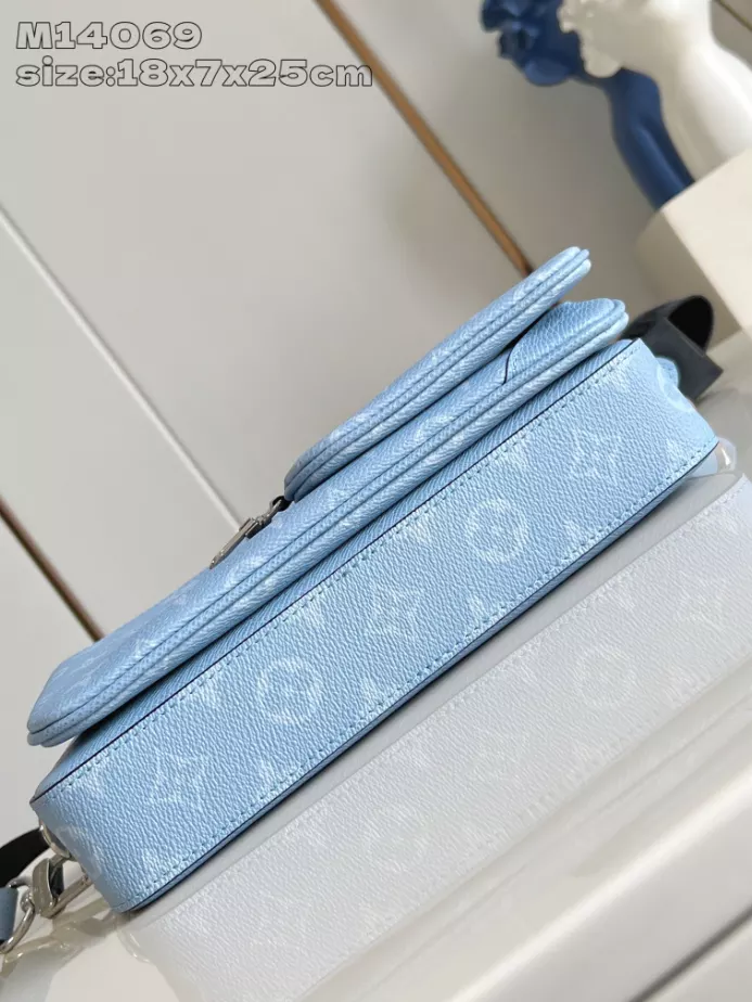 TRIO MESSENGER BAG SKY BLUE MONOGRAM CANVAS TAIGA COWHIDE LEATHER M14069 – LW266