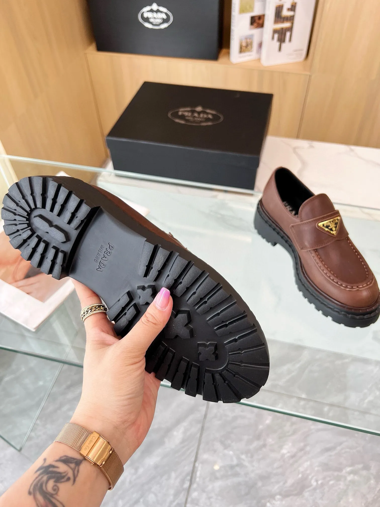 Prada Women’s Double Chocolate Loafers in Cognac Leather – PRL013