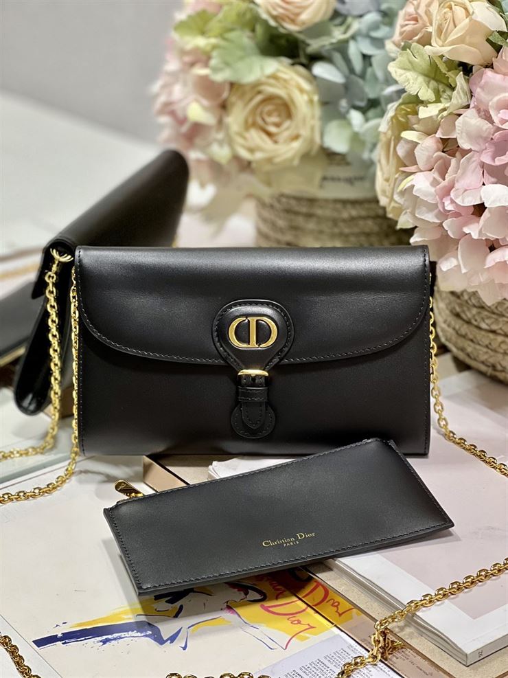 DIOR BOBBY EAST-WEST POUCH WITH CHAIN BLACK SMOOTH CALFSKIN – DOB098