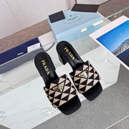 PRADA HEELED SLIDE SANDALS 65MM IN BLACK AND BEIGE FABRIC – PSD035