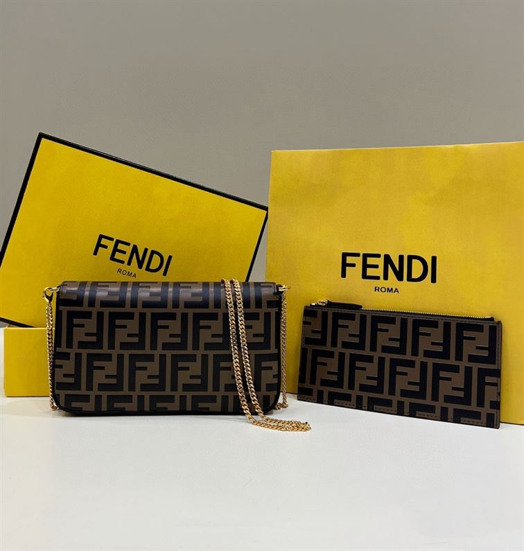 FENDI WALLET ON CHAIN WITH POUCHES BROWN LEATHER MINI BAG – F056