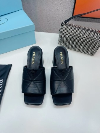 PRADA HEELED SLIDE SANDALS 65MM IN BLACK NAPPA LEATHER – PSD038