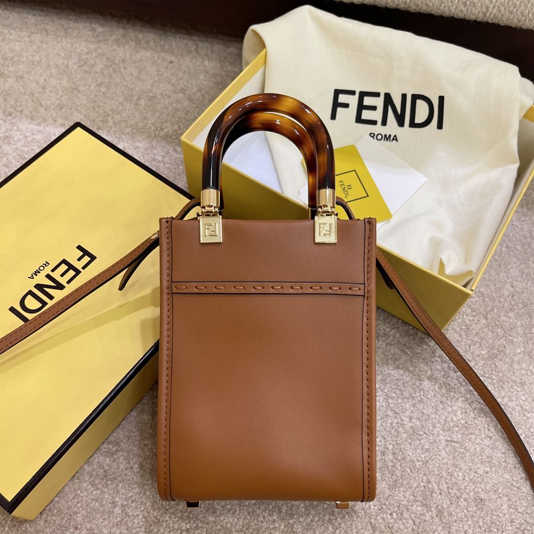 FENDI MINI SUNSHINE SHOPPER BROWN LEATHER MINI BAG – F010