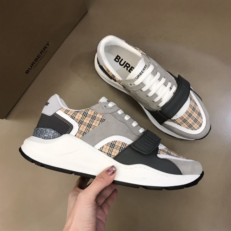 BURBERRY CHECK, SUEDE AND LEATHER SNEAKERS – BBR010