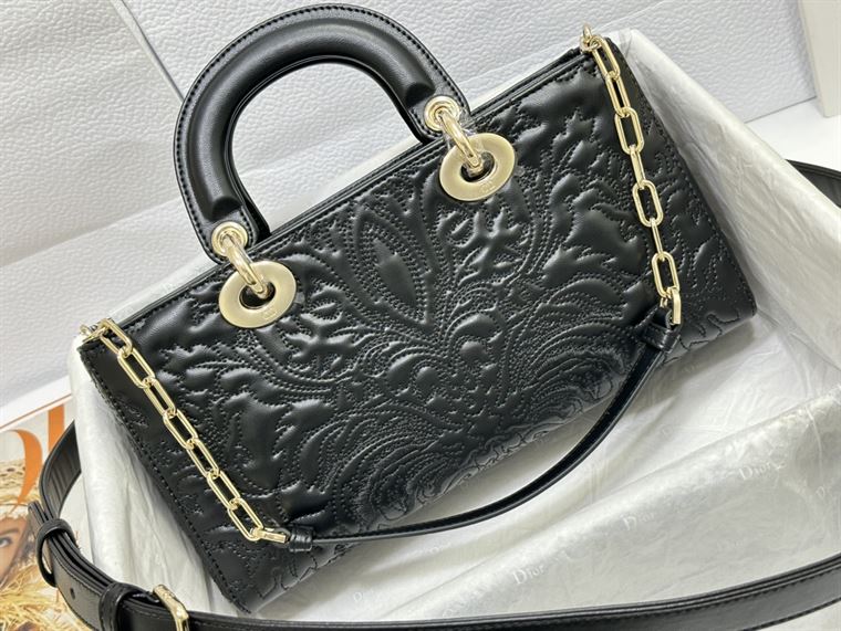 DIOR MEDIUM LADY D-JOY BAG BLACK QUILTED EFFECT LAMBSKIN WITH ORNAMENTAL MOTIF – DOB059