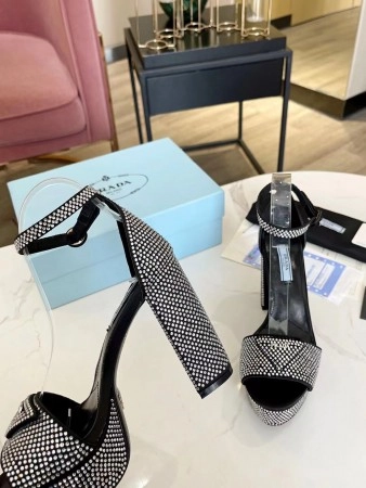 PRADA PLATFORM SANDALS 135MM IN BLACK SATIN WITH CRYSTALS – PSD010